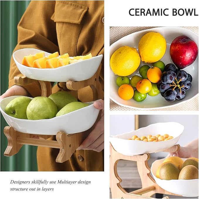 2 Tier Ceramic Fruit Bowl With Bamboo Wood Stand for Kitchen Counter,Porcelain Fruit Basket for Vegetable Storage,Snack Dessert Cake Tray Plate Rack for Party Wedding - White