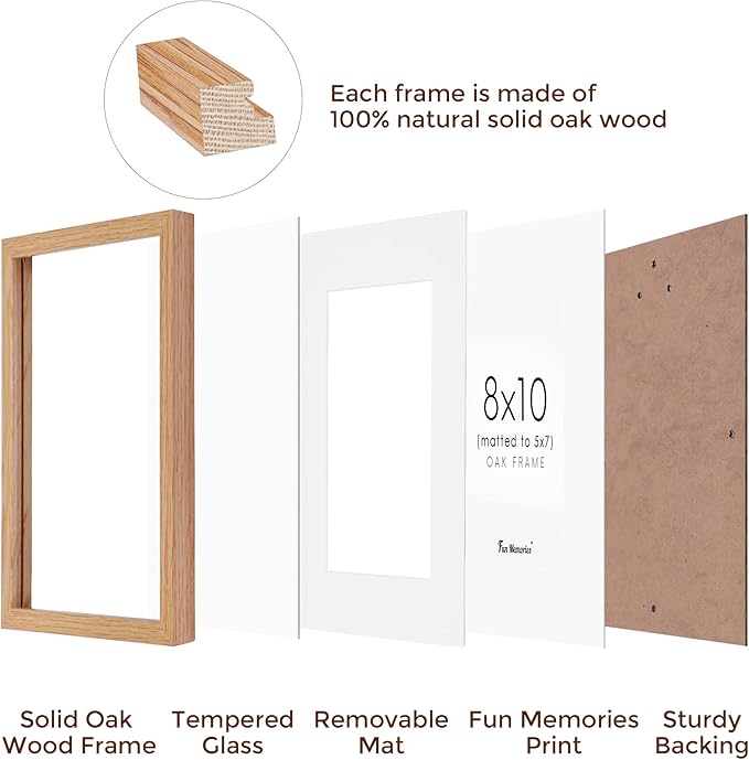 8x10 Picture Frame Wood, 8 x 10 Photo Frame for Wall & Tabletop Display, 8 by 10 Frames Made of Solid Oak Wood, Real Glass 8" x 10" Picture Frame, 8x10 Matted Frame for 5x7, Natural Oak Color, 1 Pack