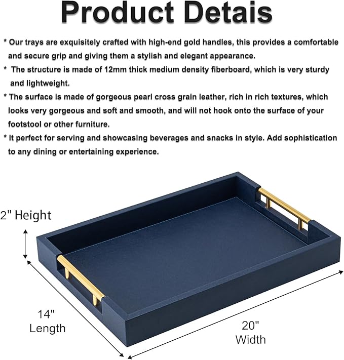Navy Blue Faux Leather Serving Tray with Handles – Large Decorative Tray for Coffee Table, Ottoman, Living Room, Bathroom – Home Decor