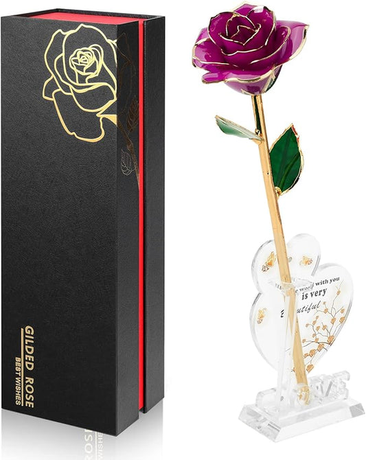 Gold Dipped Infinity Rose Last Forever Flower Decor, Birthday Gift for Women in Her Birthday Mothers Day, Resin Preserved Rose | Anniversary Present for Mom (Purple)