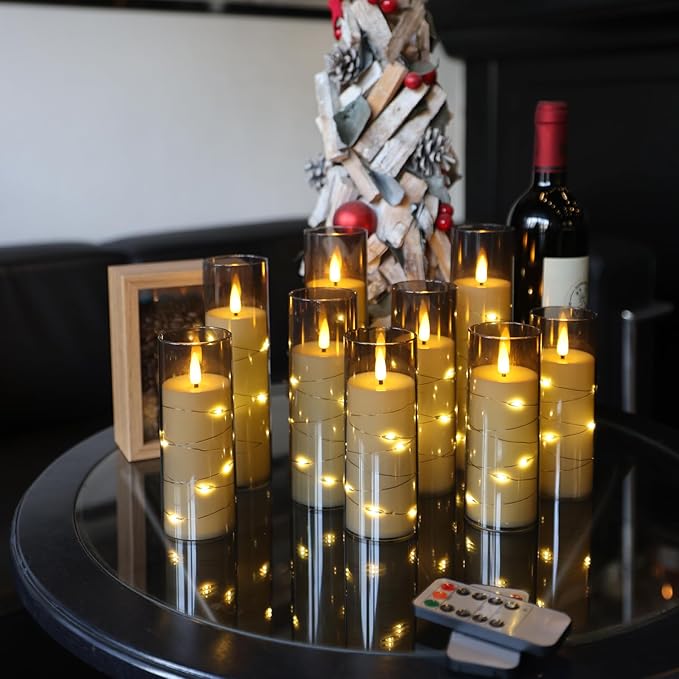 Da by Flameless Candles with Recessed String Light, Battery Operated Candles, Acrylic LED Pillar Candles with Remote Control and Timer, Gray, Set of 12