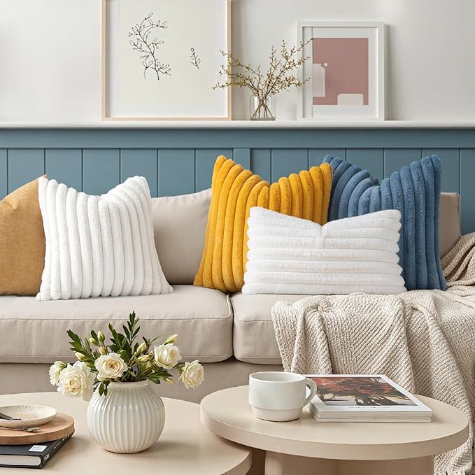 MIULEE Faux Fur Lumbar Decorative Throw Pillow Covers 12x20 Inch Set of 2, Modern Spring Home Decor Soft Plush Couch Pillows Cozy Fluffy Cushion Covers for Sofa Bed White