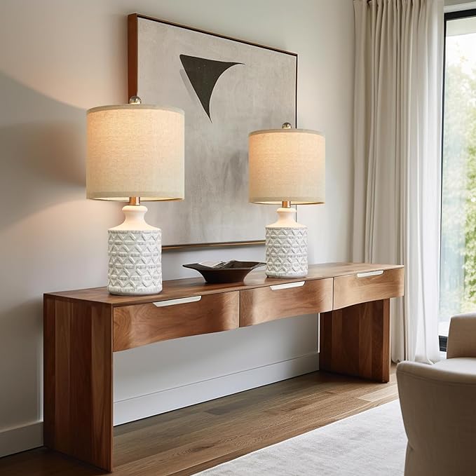 PoKat 18" Farmhouse White Ceramic Table Lamps Set of 2 for Living Room Small Beside Lamps Bedroom Nightstands Lamps End Small Table Lamps