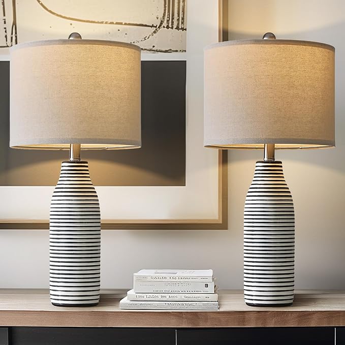 PORTRES 25" Ceramic Table Lamps Set of 2 Beside Lamps for Living Room Modern Bedroom Lamps for Night Stands with Rotary Switch Black and White Stripes