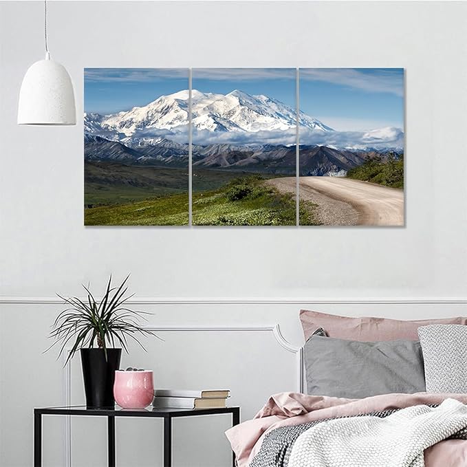 Snow Mountains Canvas Wall Art Winter Snowscape Posters Print Modern Landscape Theme Picture Painting Wall Decor Artwork for Home Bedroom Kitchen Dinning Room Stretched and Framed [48''Hx24''W]