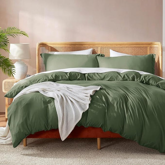 Nestl Full Duvet Cover Set with Comforter Insert - Olive Green 4 Piece 80x90 Duvet Cover & 2 Pillow Shams with White Quilted Down Alternative Comforter, Ultra Soft, All Season