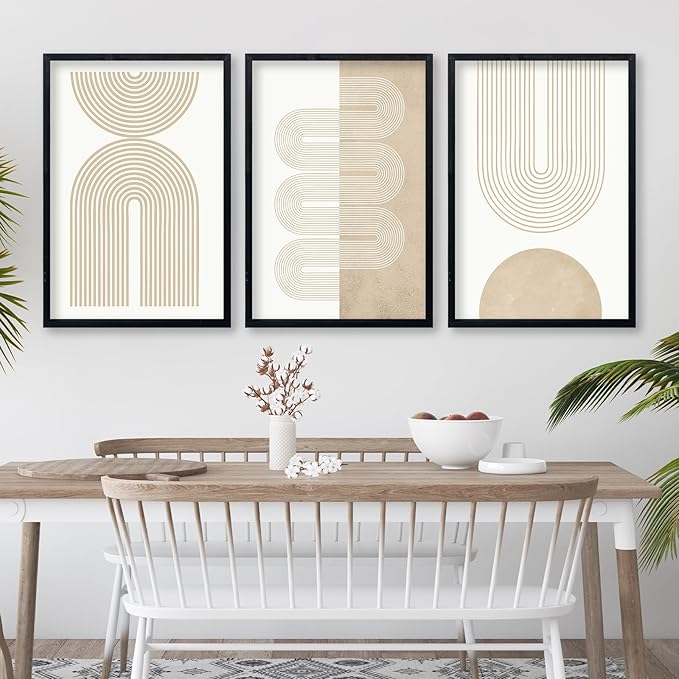 Wall Art Set of 3 Geometric Beige Spiral Wave 16"x24" Wooden Framed Mid Century Organic Abstract Neutral Sign Prints Nordic Boho Office Living Room Master Bedroom Wall Hang Decor (Black)
