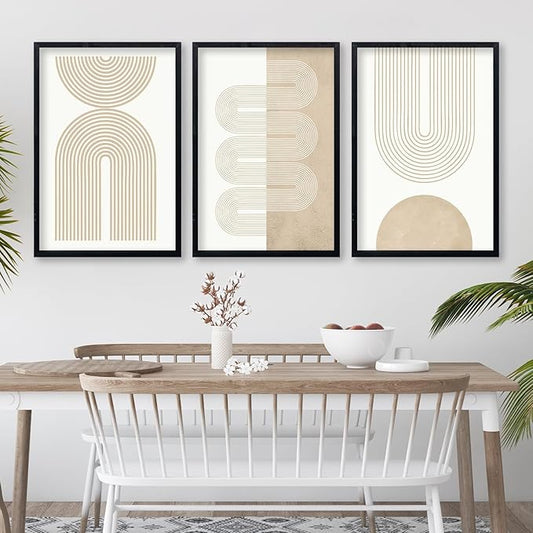 Wall Art Set of 3 Geometric Beige Spiral Wave 16"x24" Wooden Framed Mid Century Organic Abstract Neutral Sign Prints Nordic Boho Office Living Room Master Bedroom Wall Hang Decor (Black)