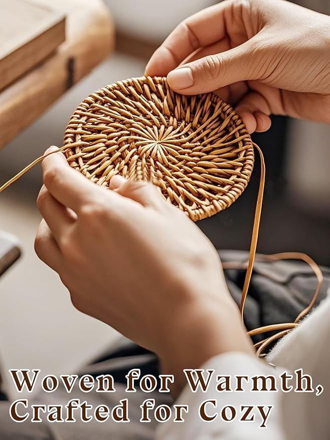 6pcs Natural Handmade Rattan Coasters with Holder - Wicker Drink Coasters Set for Protecting Table, Housewarming Gifts Boho Fall Home Decor