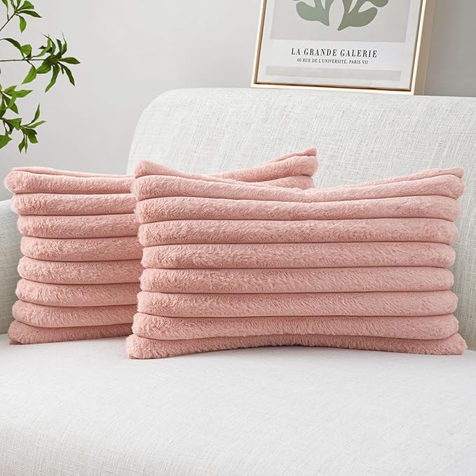MIULEE Faux Fur Lumbar Decorative Throw Pillow Covers 12x20 Inch Set of 2, Modern Spring Home Decor Soft Plush Couch Pillows Cozy Fluffy Cushion Covers for Sofa Bed Blush Pink