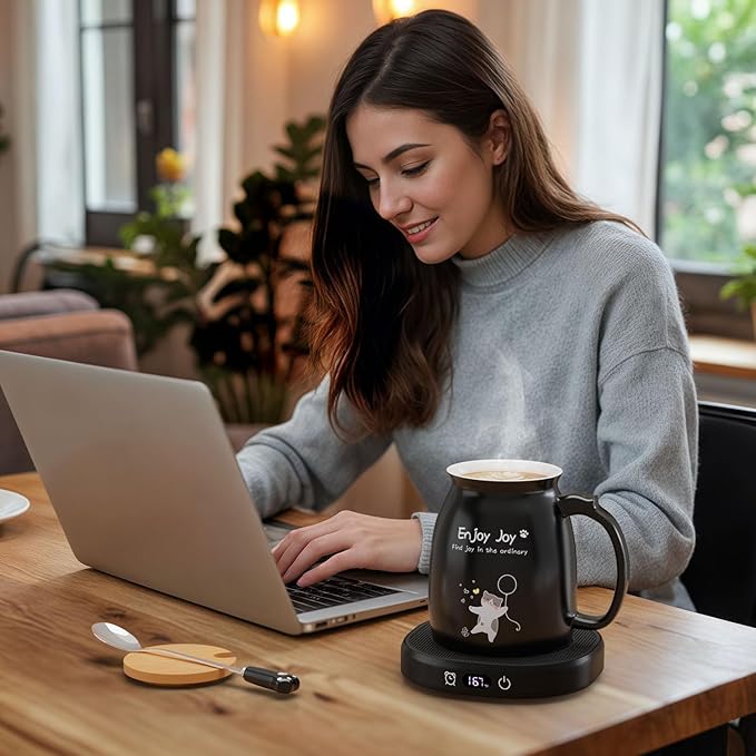 Cute Cat Coffee Mug Warmer Set, 8 Hour Auto Shut Off Cup Warmer for Desk Office Home, Candle Tea Milk Beverage Electric Coffee Warmer with 4 Temperature Setting, Christmas Birthday Ideas for Women Men