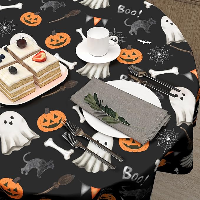 Kawani Halloween Tablecloth Round 60 Inch Scary Pumpkin Ghost Round Table Cover Halloween Table Cloth Fall Circular Washable Polyester Tabletop Decor for Home Kitchen Dining Room Banquet Picnic Party