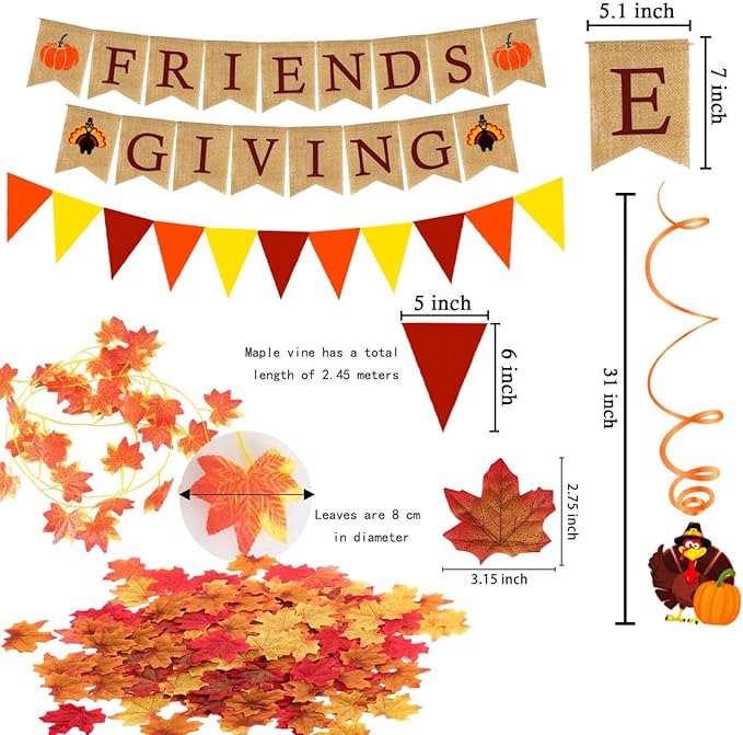 FRIENDSGIVING Burlap Banner Paper Triangular Bunting Maple leaf Garland Plastic Streamer for Thanksgiving Day Party Decoration