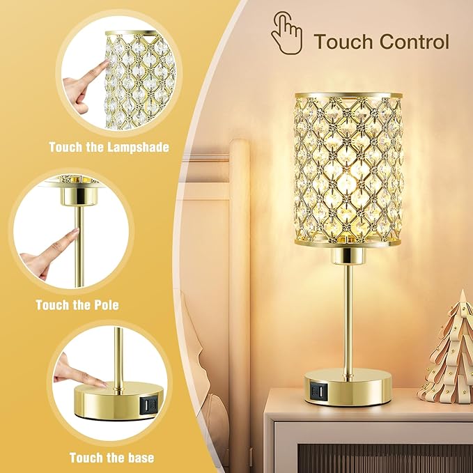 Crystal Table Lamp, Gold Touch Lamp for Nightstand with USB C+A Ports, 3 Way Dimmable Lamp with Crystal Shade, Bedside Lamp Small Lamp for Bedroom, Living Room(Buld Included)