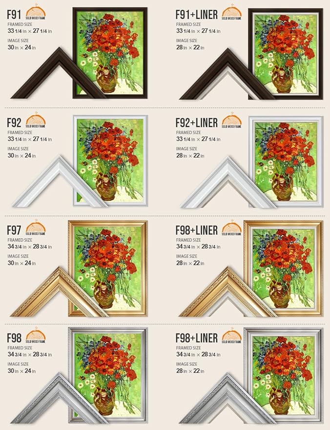 DECORARTS - Red Poppies and Daisies, Vincent Van Gogh Art Reproduction. Acid Free Cotton Canvas Giclee Print w/Bronze Frame&Mat for Wall Decor.