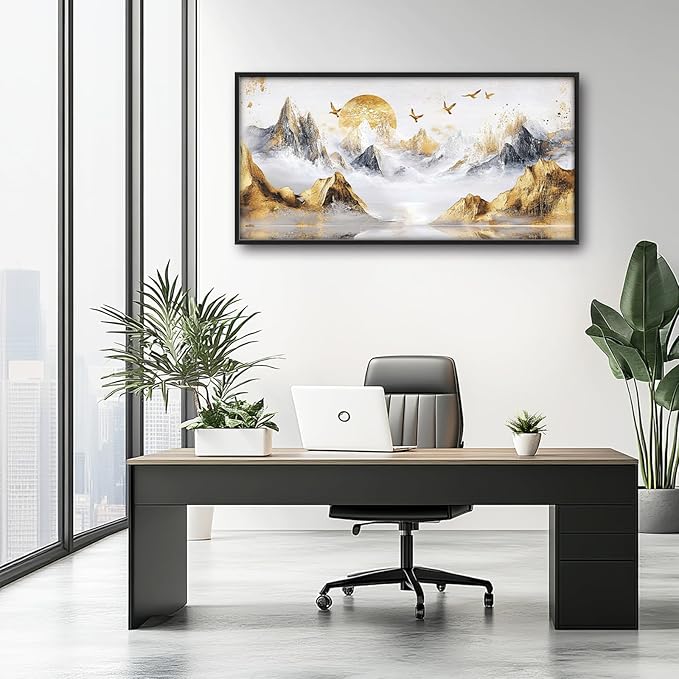 Extra Large Framed Abstract Mountain Wall Art,Golden Silver Sun Bird Wall Decor,Mountain Landscape Pictures for Living Room,Canvas Print Painting Modern Artwork Bedroom Office Bathroom 60L x30W
