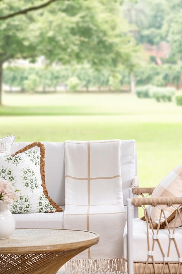 Hofdeco Premium Coastal Decorative Throw Blanket for Patio Couch Sofa, Neutral Tan Plaid with Fringe, 52"x71"