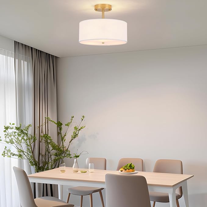 3-Light Semi Flush Mount Ceiling Light Modern Gold Drum Light Fixtures with White Fabric Cover Shade Round Chandelier for Bedroom Living Room Kitchen and Hallway