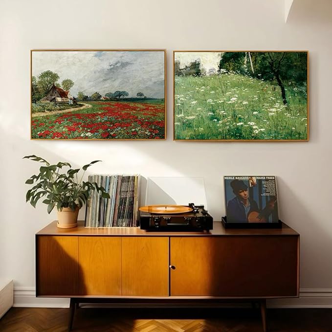 crmotu Vintage Framed Wall Art, Meadow Wildflower Landscape Canvas Painting, Nature Outdoor Scenery Art Prints, Rustic Aesthetic Wall Pictures for Living Room Bathroom Bedroom Farmhouse Decor 20x30in