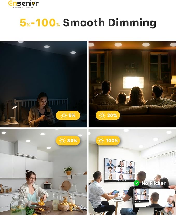 Ensenior 12 Pack 6 Inch LED Recessed Light, Dimmable, 3000K-5000K 3CCT, 1050LM High Brightness, 12W 120V, Damp Rated, Ultra-Thin Canless Wafer Ceiling Light - ETL & FCC & IC