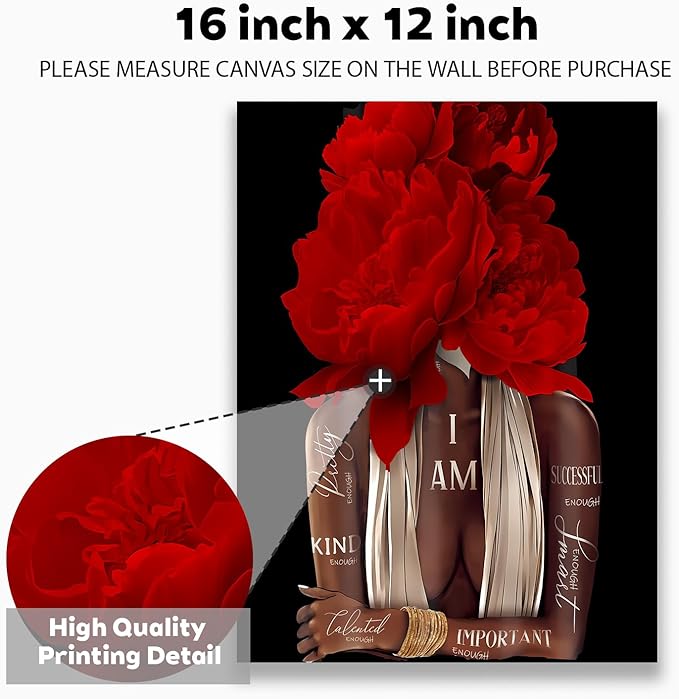 Inspirational Wall Art Canvas, African American Empowerment, Red Floral Design, Modern Home Decor 12"x16"