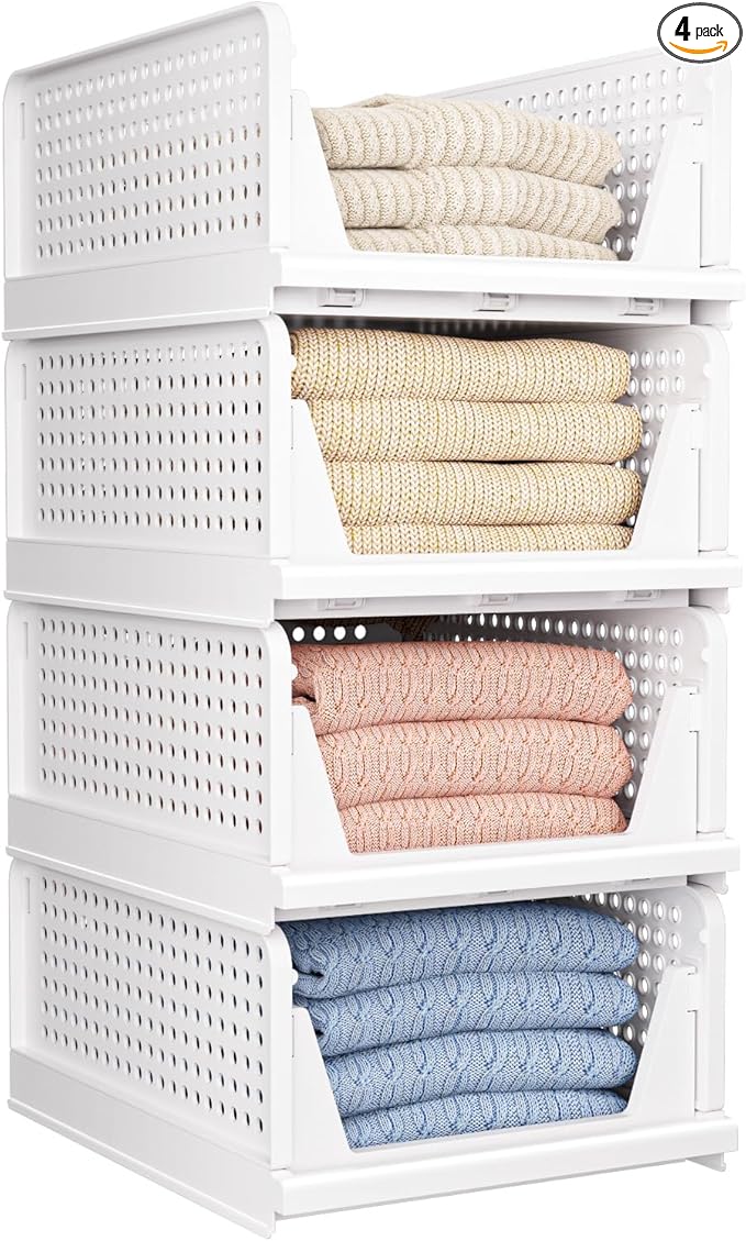 4 Pack Folding Closet Organizers Storage Box, Stackable Storage Bins, Plastic Drawer Basket Closet Storage for Wardrobe Cupboard Kitchen Bathroom Office White-4L