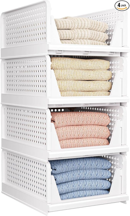 4 Pack Folding Closet Organizers Storage Box, Stackable Storage Bins, Plastic Drawer Basket Closet Storage for Wardrobe Cupboard Kitchen Bathroom Office White-4L