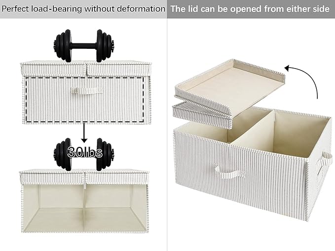 StorageWorks Extra Large Storage Bins with Lids, 55L Decorative Organizer with Divider Board, Fabric Boxes with Handles, Gray and White Stripes, 2-Pack