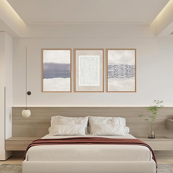 HOURIA Blue White Abstract Neutral Framed Canvas Wall Art Set,Minimalist Boho Waves Lines Wall Decor,Modern Geometric Shapes Print,Mid Century Grunge Artwork for Living Room,Bedroom,Office- 16"x24"x3