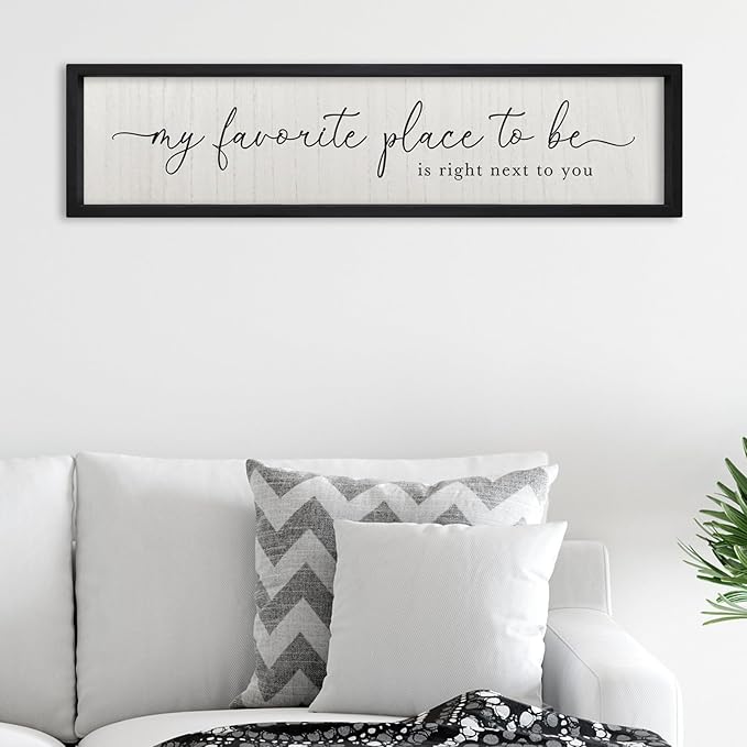 Love Quotes Wall Decor My Favorite Place To Be Sign 32"×8" Couples Love Theme Plaque Modren Farmhouse Master Bedroom Above Over Bed Wood Framed Wall Art (Black)