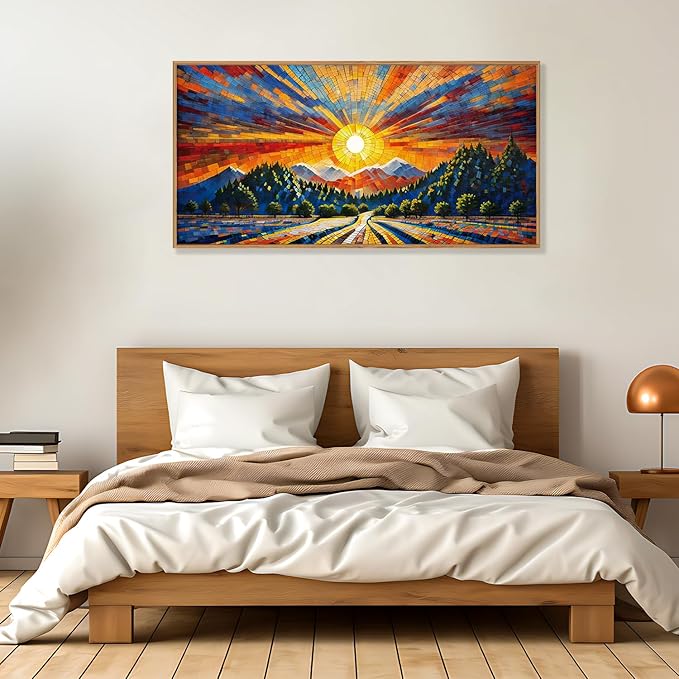 HOURIA Large Natural Mountain Forest Framed Canvas Wall Art Set,Wilderness Sunrise Wall Decor,Boho Pine Tree Square Ridge Artwork,Modern Field Art Print for Living Room, Office, Farmhouse- 20"x40"x1