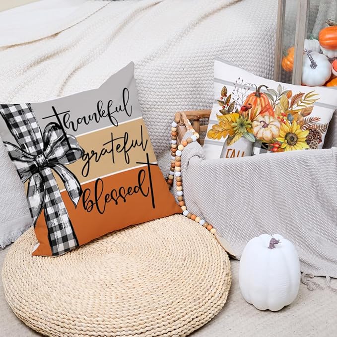 AACORS Fall Pillow Covers 20 x 20 Inch Set of 4, Pumpkin Home Sweet Home Thankful Grateful Blessed Harvest Floral Decorations Autumn Seasonal Pillow Case Decor for Sofa Couch AA557-20