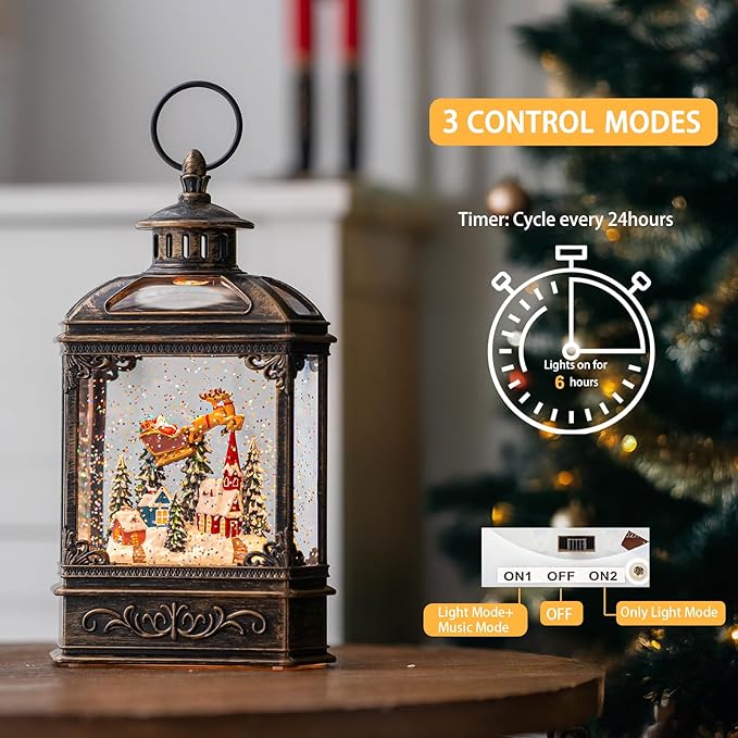 Christmas Snow Globe Swirling Glittering Lantern Santa Flying with Reindeer, USB Lined/Battery Operated Lighted Water Lantern for Christmas Festival Decoration Gifts