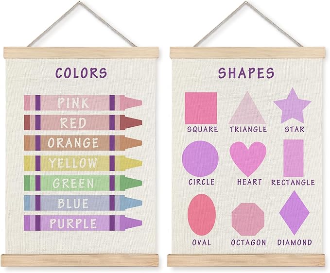 Supwhd Shapes Colors Posters for Classroom Wall, Shapes Colors Learning Poster Hanger Frame Wall Decor for Classroom Nursery Kids Room Playroom Preschool Decor, 12x16 Set of 2（Purple）