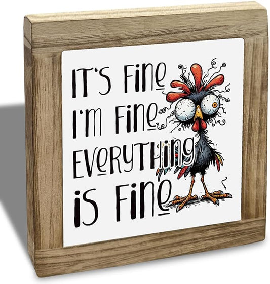 Funny Office Decor, Wood Box Sign, Cranky Chicken It's Fine I'm Fine Everything Is Fine, Office Desktop Decor Sign, Funny Home Desktop Decoration, Farmhouse Home Room Decoration