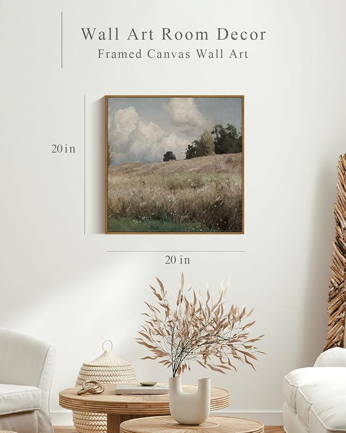 InSimSea Square Framed Canvas Wall Art, Large Decor Corn Field Countryside Paintings, Country Scenery Wall Pictures for Bedroom Bathroom, Canvas Prints Artwork, Vintage Farmhouse Decor 20"x20"