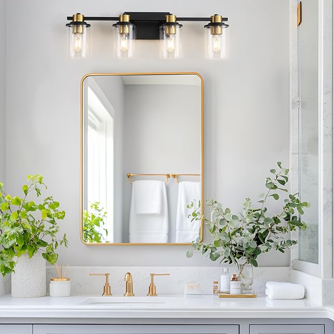 LOUSACE Bathroom Lighting Fixtures Black and Gold 4 Light Bathroom Vanity Light Over Mirror with Clear Glass Shades, Brushed Gold Socket Wall Vanity Lighting Fixtures for Bedroom Living Room