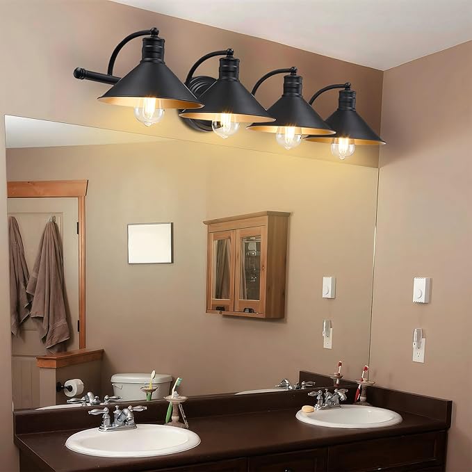 4 Light Bathroom Vanity Light Over Mirror - Black and Gold Farmhouse Wall Light for Bathroom Vanity Powder Room, Rustic Goose Neck Barn Style 4 Bulb Wall Sconce Over Kitchen Sink