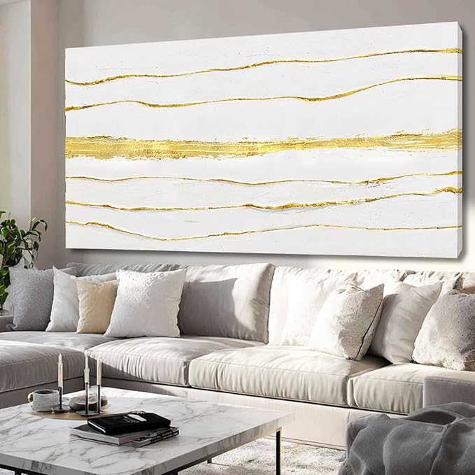 White Canvas Wall Art Abstract Line Prints Living Room Wall Decorations Gold Foil Painting Large Framed Wall Decor for Bedroom Hotel 29x58 Inch