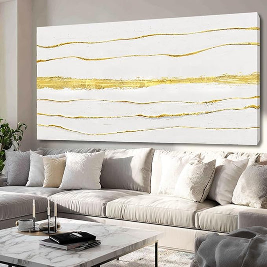 White Canvas Wall Art Abstract Line Prints Living Room Wall Decorations Gold Foil Painting Large Framed Wall Decor for Bedroom Hotel 29x58 Inch