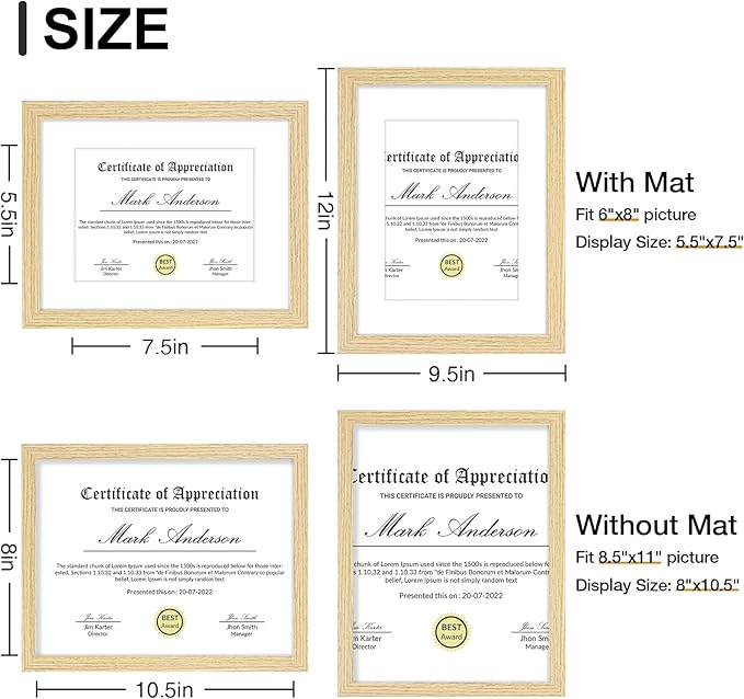 Vittanly 8.5x11 Picture Frames Set of 9, Shatter Resistant Plexiglass, Display 6x8 Pictures with Mat or 8.5x11 without Mat, Photo Frames for Wall or Tabletop, Engineered Wood, OAK