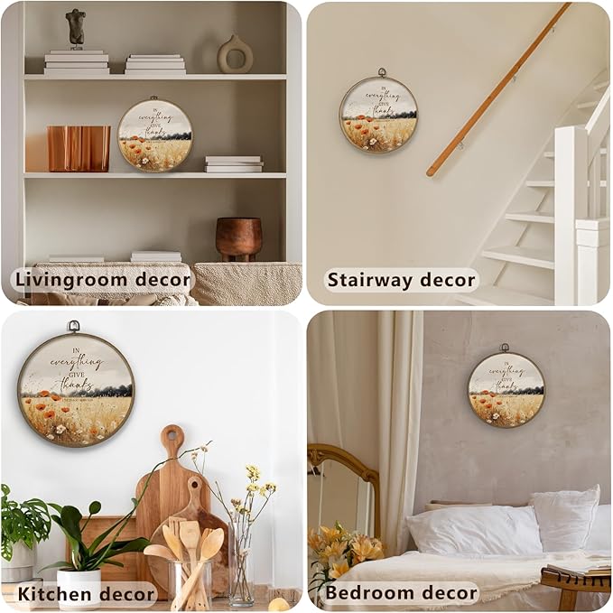 Gnmduw Fall Christian Wall Art Framed, Thanksgiving Fall Landscape Round Hanging Wall Decor, In Everything Give Thanks Canvas Prints Art for Farmhouse Living Room Bathroom Gallery Bedroom, 10x10 Inch