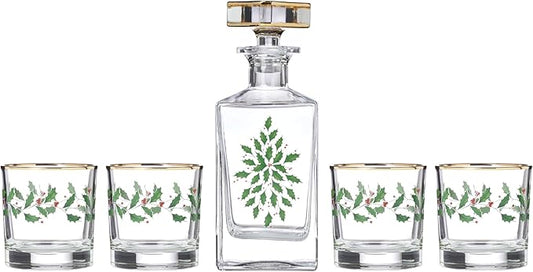 Lenox 896709 Holiday 5-Piece Decanter & Whiskey Glass Set, Christmas Dinnerware, Hosting