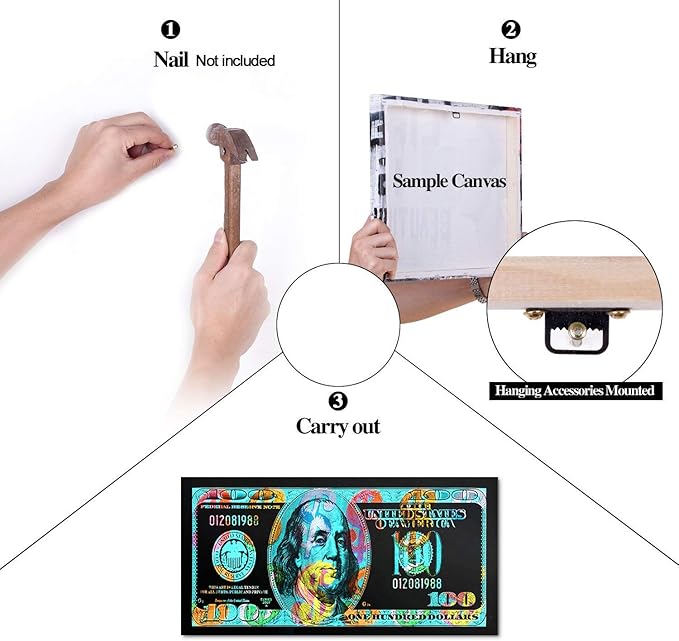 Money Canvas Wall Art - Green Painting Graffiti Dollar Prints Poster 100 Dollar USD Picture Artwork for Home Office Study Room Classroom Living Room Wall Decor Framed 32" Wx16 H