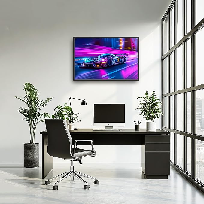 Flintis Large Racing Car Framed Wall Art Neon Race Supercar Pictures Wall Decor Abstract Colorful Car Canvas Painting Print Artworks Decor Framed for Living Room Bathroom Master Bedroom 36L X 24W
