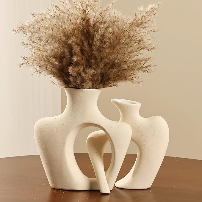 Beige Ceramic Vases for Decor, Set of 2 Small Decorative Vase Modern Boho Aesthetic Flower Vases for Table Centerpiece Dining Room Shelf Living Room Office Décor