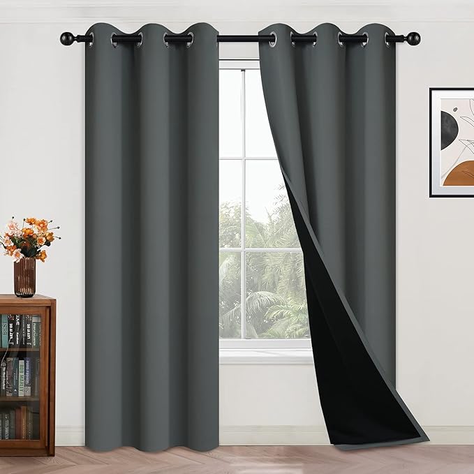 Yakamok 84 Inch Length 100% Blackout Curtains for Bedroom, 2 Thick Layers Thermal Insulated Grommet Total Blackout Drapes with Black Liner for Living Room (42Wx84L, Dark Grey, 2 Panels)