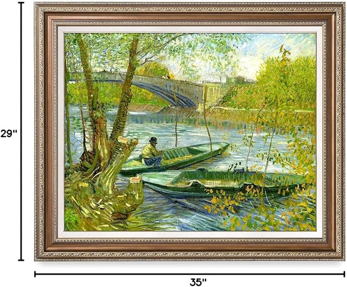 DECORARTS - Fishermen And Boats From The Pont De Clichy, Vincent Van Gogh Art Reproduction. Acid Free Cotton Canvas Giclee Print w/Bronze Frame&Mat for Wall Decor.