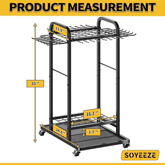 SOYEEZE Garden Tool Organizer with Lockable Wheels, 3-Tire Heavy Duty Yard Tower Tool Rack for Garage, Up to 35 Long-Handled Tools, Garden Tool Cart with 12 Hooks for Tool Organization and Storage