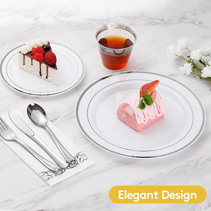 Goodluck 175 Piece Silver Dinnerware Set for 25 Guests, Plastic Disposable Plates for Party, Includes Dinner and Dessert Plates, Paper Napkins, Cups, Silverware Set